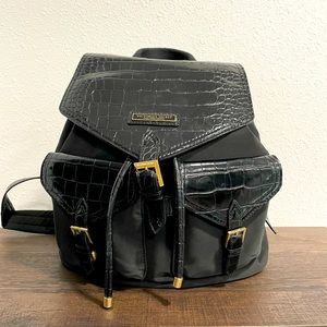 Victoria Secret Black & Gold Canvas Mini Backpack Handbag w/Flap & Front Pockets